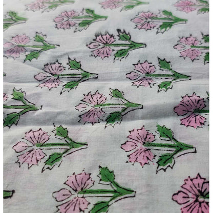 Sanganeri Hand Block Print Cotton Fabric – White Floral Print