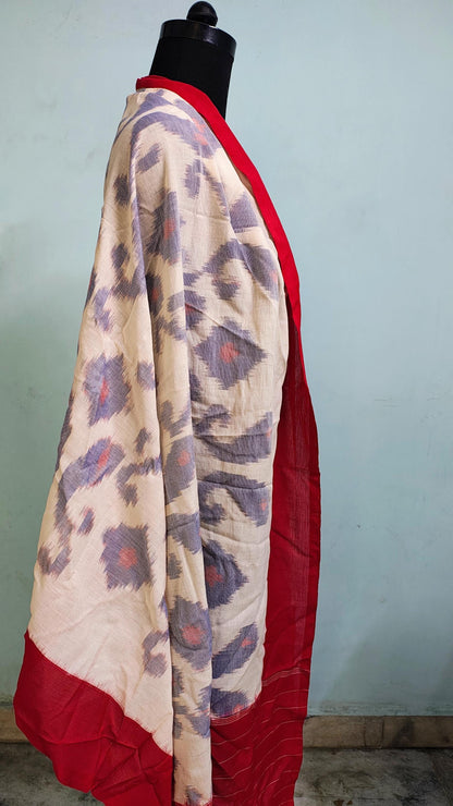 Handcrafted Pure Cotton Ikkat Stole in Crimson & Azure