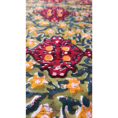 Sanganeri Hand Block Print Cotton Fabric – Green And Maroon Floral