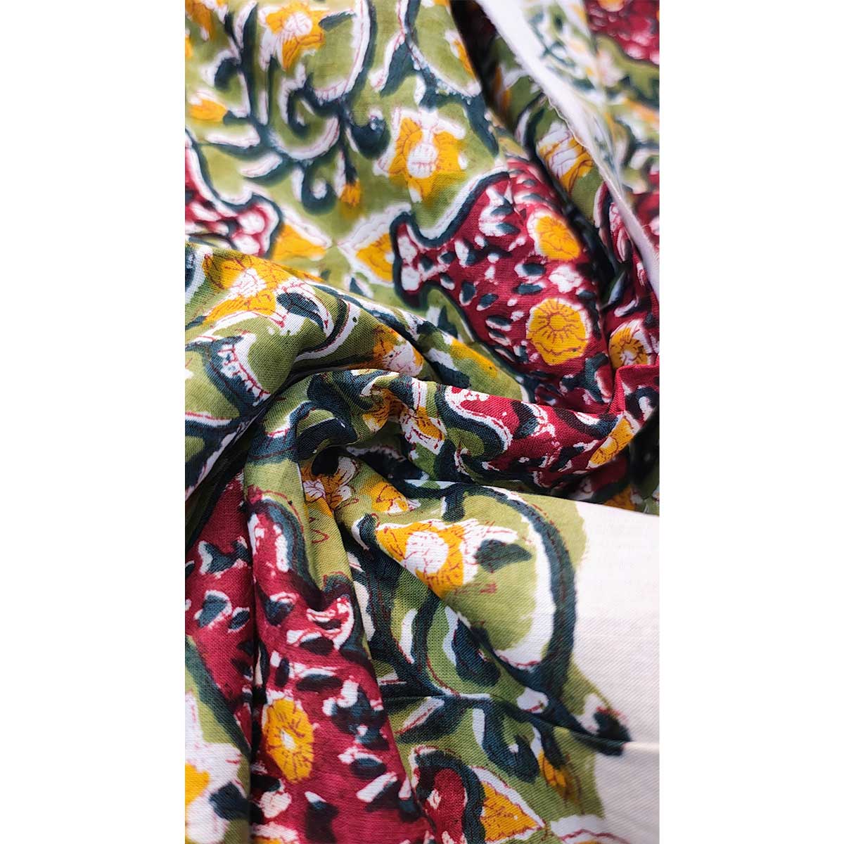 Sanganeri Hand Block Print Cotton Fabric – Green And Maroon Floral
