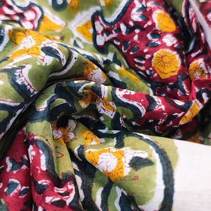 Sanganeri Hand Block Print Cotton Fabric – Green And Maroon Floral