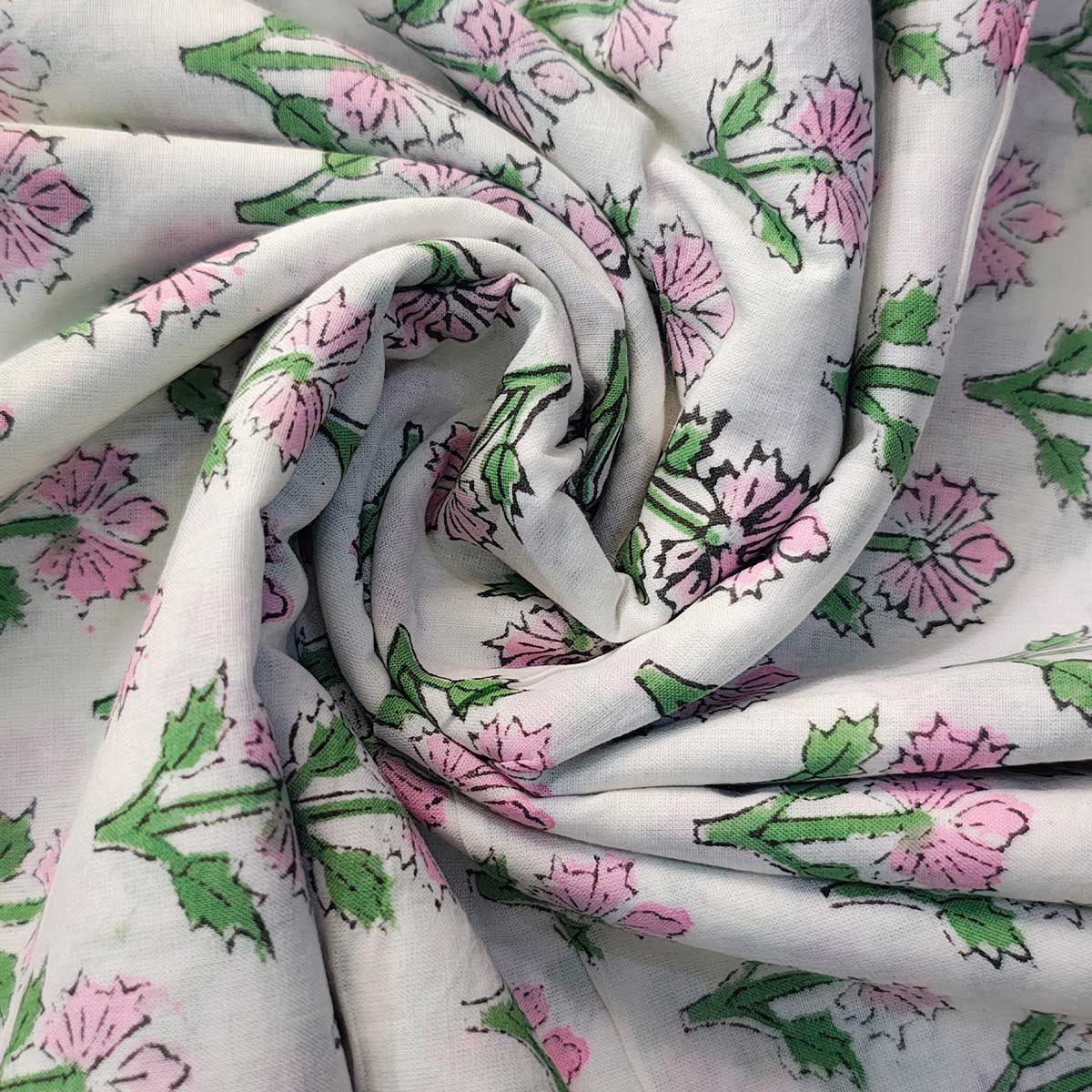 Handmade Bagru Print Textile – White Floral Print Cotton Material