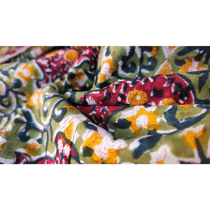 Sanganeri Hand Block Print Cotton Fabric – Green And Maroon Floral