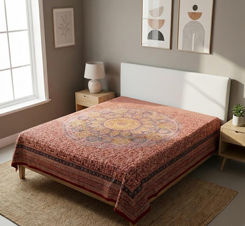 Kalamkari Block Printed Cotton Bedsheet with Floral and Traditional Motifs – 238 x 238 cm