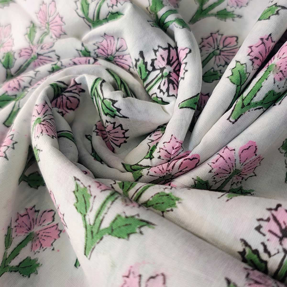 Handmade Bagru Print Textile – White Floral Print Cotton Material