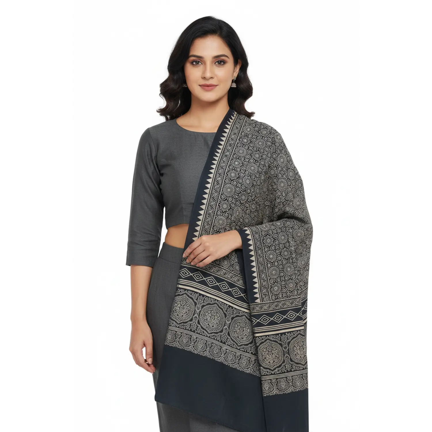 Ajrakh Hand Block Print Black Color Viscose Stole | Traditional Geometric Print | L220 X W55 cm