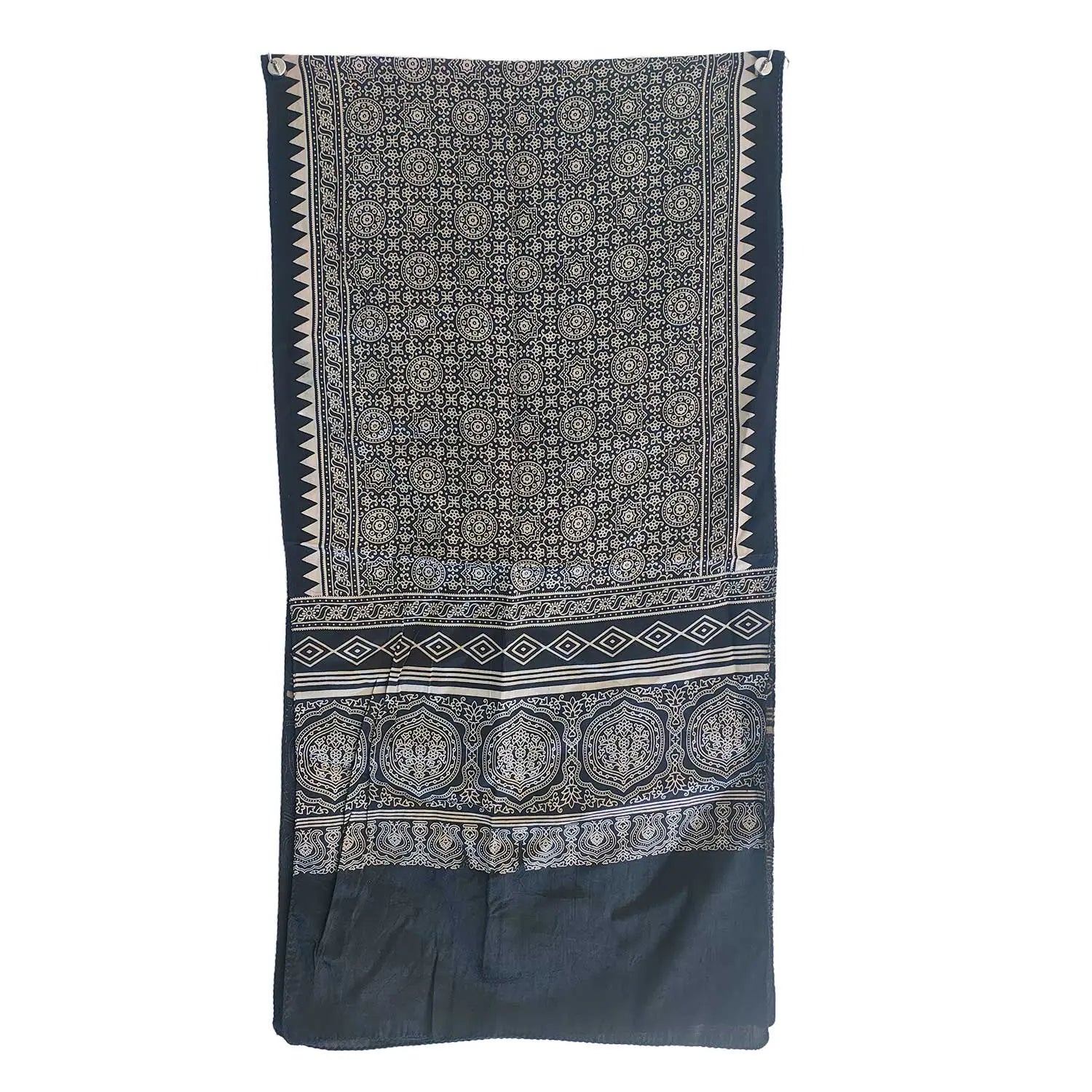Ajrakh Hand Block Print Black Color Viscose Stole | Traditional Geometric Print | L220 X W55 cm
