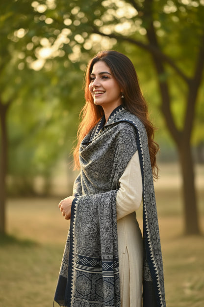 Ajrakh Hand Block Print Black Color Viscose Stole | Traditional Geometric Print | L220 X W55 cm