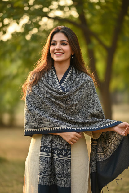 Ajrakh Hand Block Print Black Color Viscose Stole | Traditional Geometric Print | L220 X W55 cm