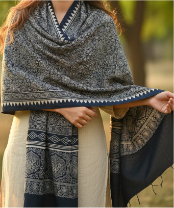 Ajrakh Hand Block Print Black Color Viscose Stole | Traditional Geometric Print | L220 X W55 cm
