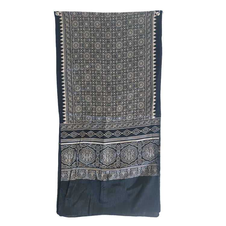 Ajrakh Hand Block Print Black Color Viscose Stole | Traditional Geometric Print | L220 X W55 cm