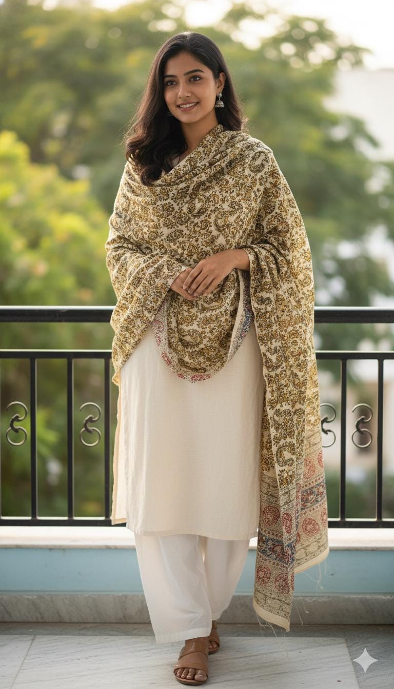 Woman wearing a patterned shawl over a white outfit on a balcony with greenery in the background