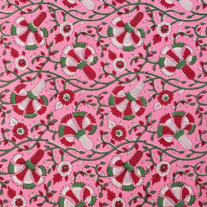 Sanganeri Hand Block Print Cotton Fabric – Pink Red And Green Floral