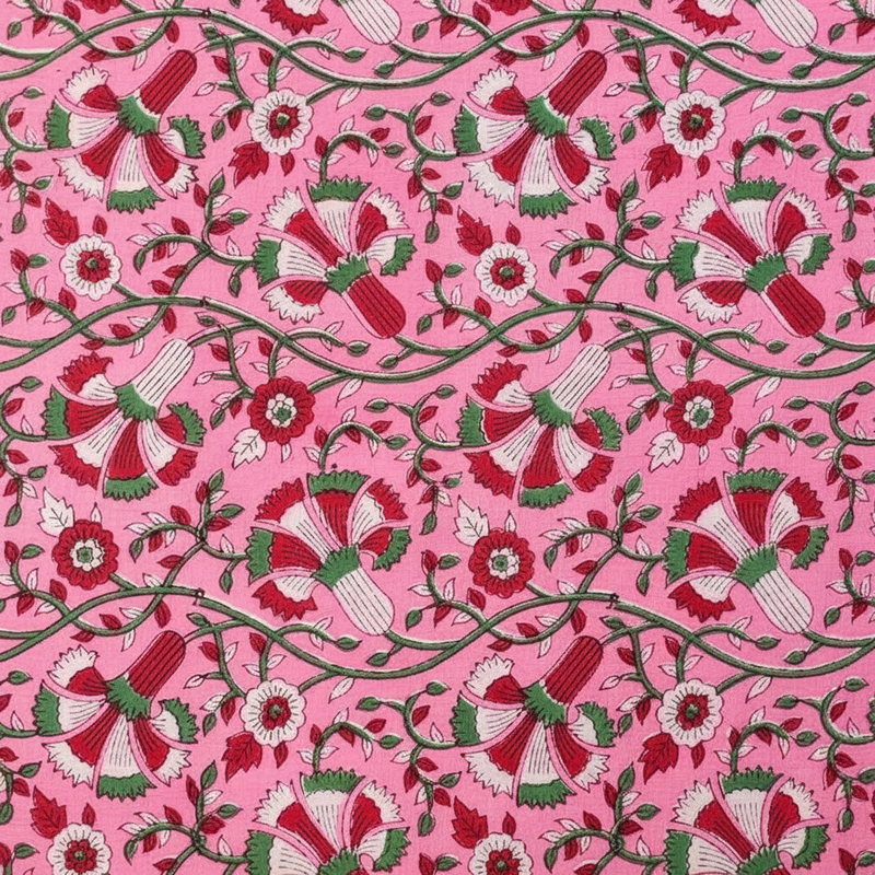 Sanganeri Hand Block Print Cotton Fabric – Pink Red And Green Floral