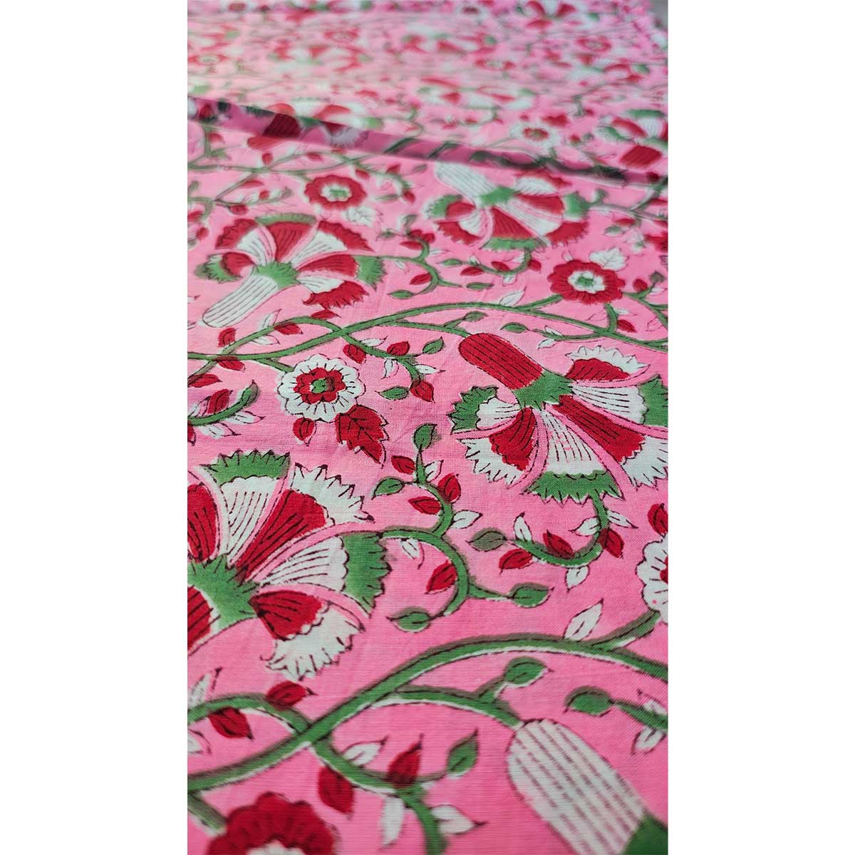 Sanganeri Hand Block Print Cotton Fabric – Pink Red And Green Floral