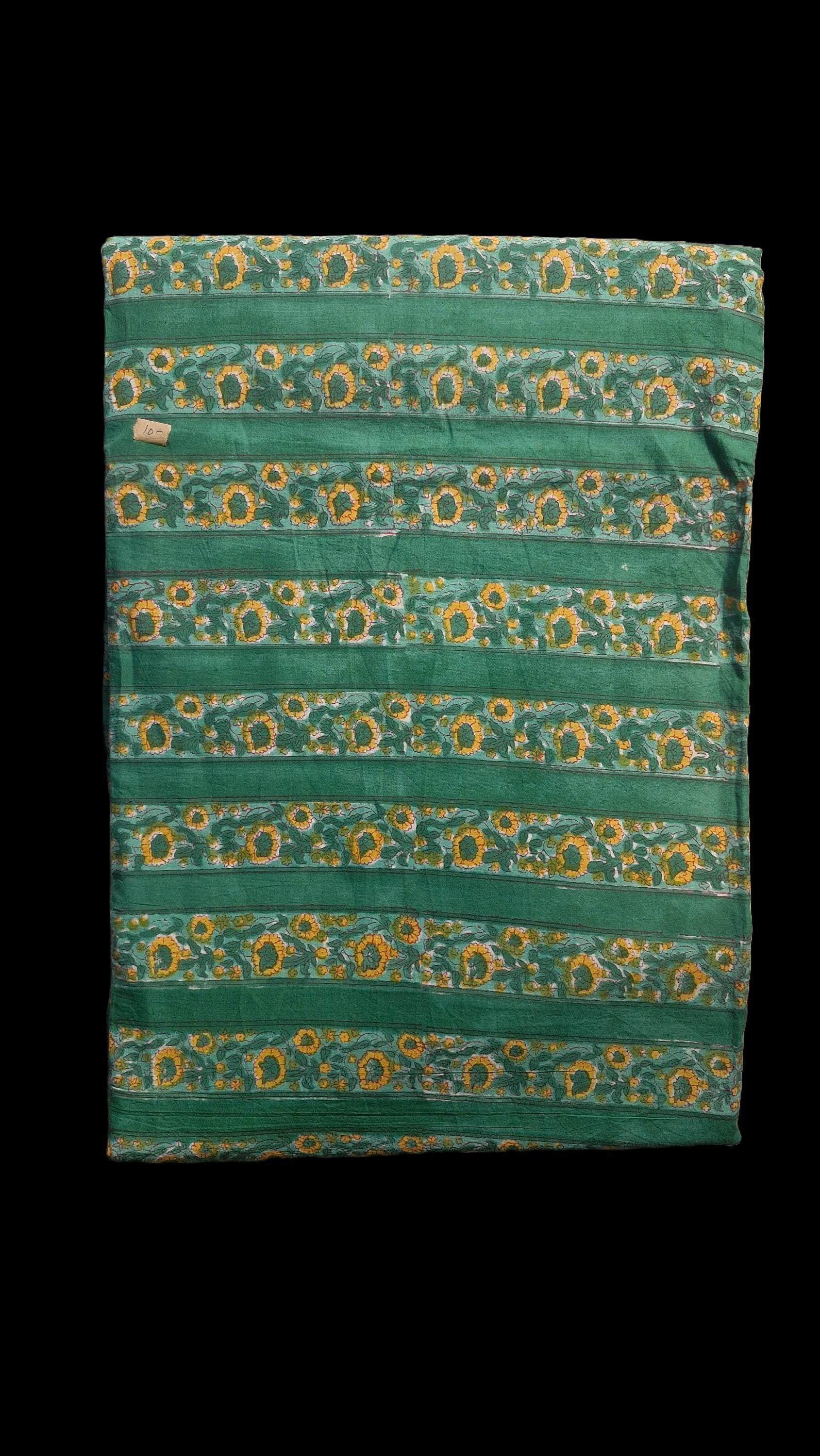 Handblock Printed Bagru Cotton Fabric – Green Floral Print Textile by the Yard