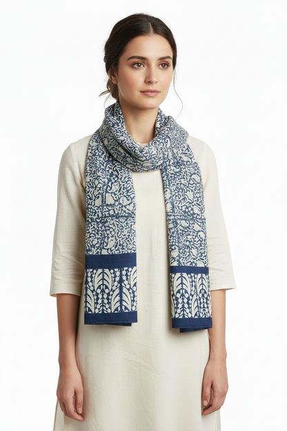 Woman wearing a patterned scarf on a white background