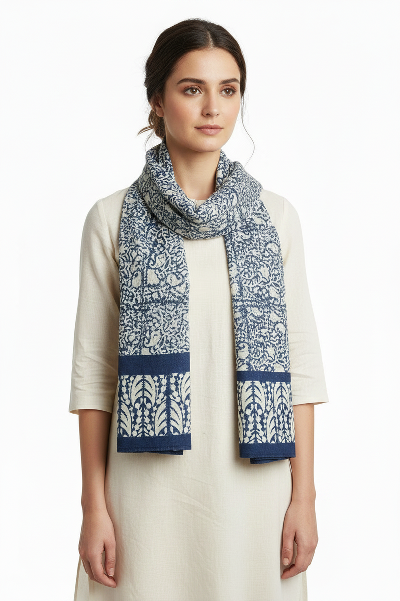 Woman wearing a patterned scarf on a white background