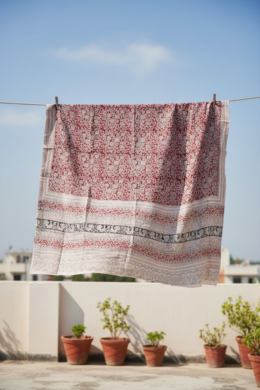 Patterned cloth hanging on a line with potted plants below on a sunny day.