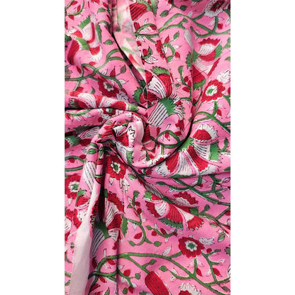 Sanganeri Hand Block Print Cotton Fabric – Pink Red And Green Floral