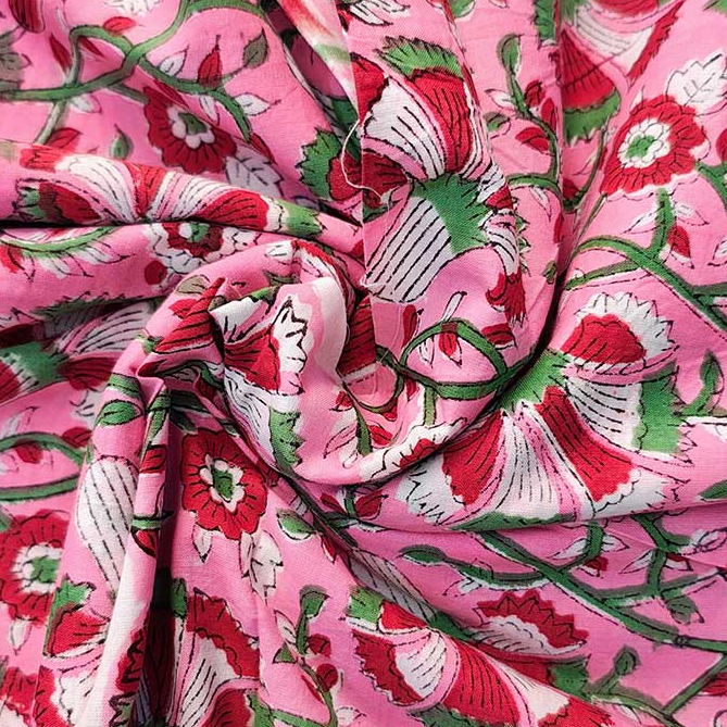 Sanganeri Hand Block Print Cotton Fabric – Pink Red And Green Floral