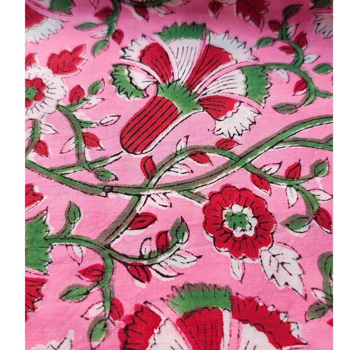Sanganeri Hand Block Print Cotton Fabric – Pink Red And Green Floral