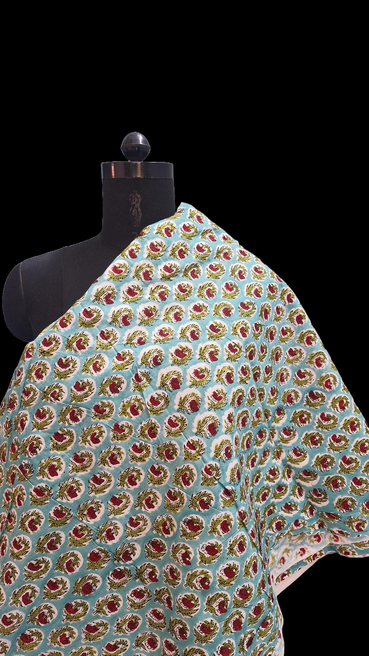 Aqua Blue Sanganeri Handblock Printed Cotton Fabric – Red Floral Jaal Pattern