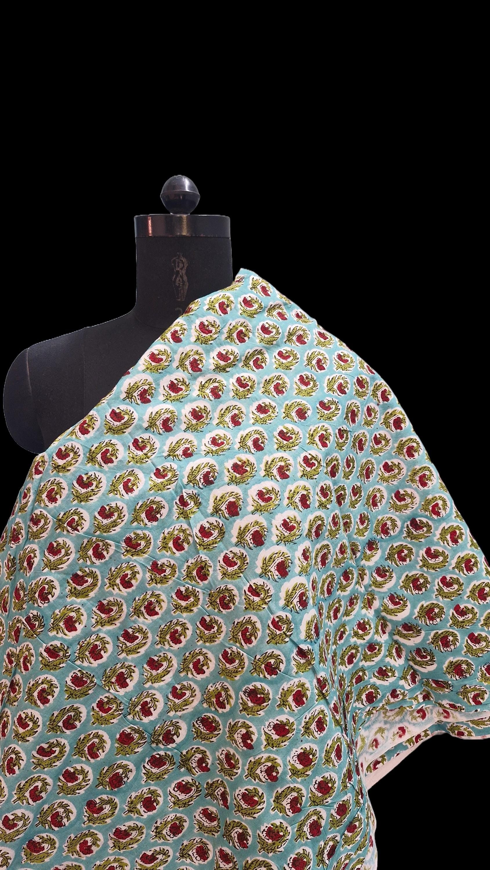 Aqua Blue Bagru Handblock Printed Cotton Fabric – Red Floral Jaal Pattern