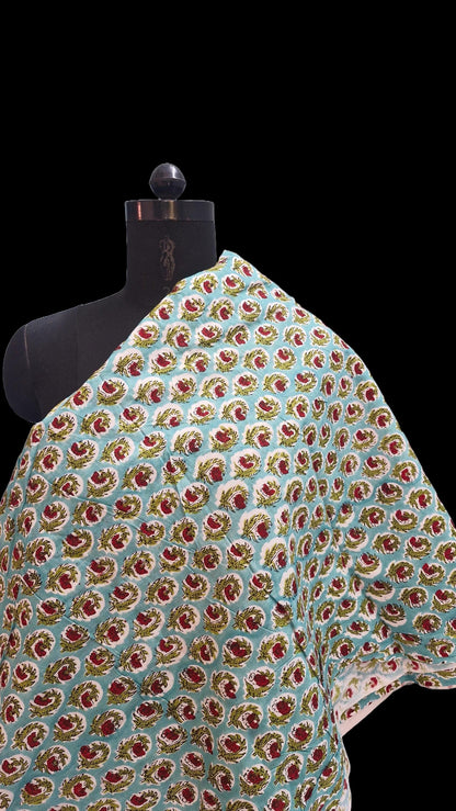 Aqua Blue Sanganeri Handblock Printed Cotton Fabric – Red Floral Jaal Pattern