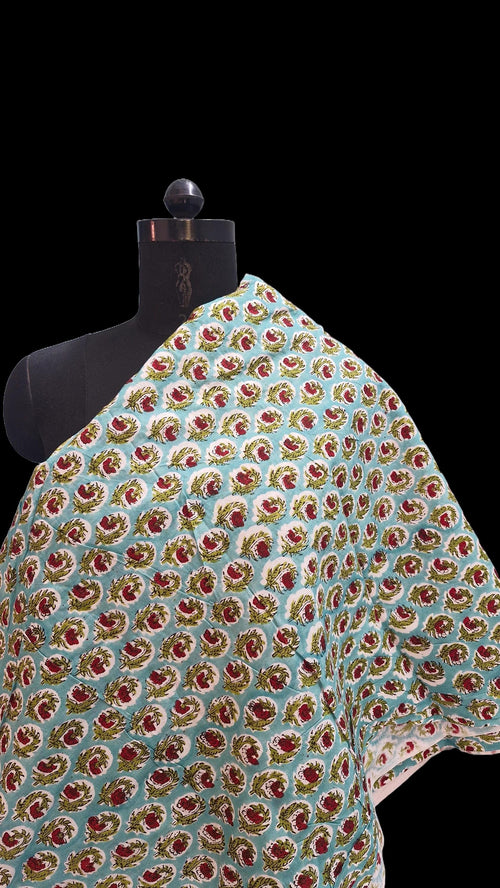 Aqua Blue Bagru Handblock Printed Cotton Fabric – Red Floral Jaal Pattern