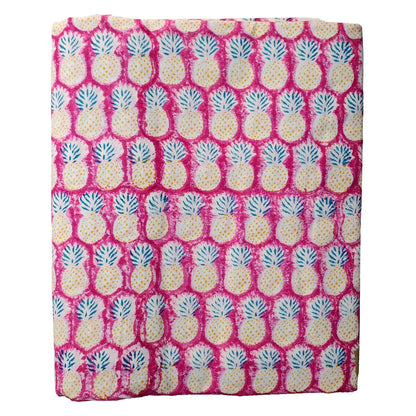 Sanganeri Hand Block Print Cotton Fabric – Pink And Yellow with Pineapple Motifs