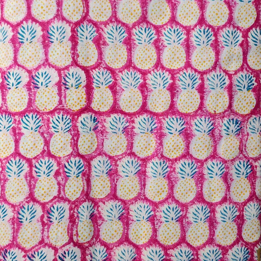 Sanganeri Hand Block Print Cotton Fabric – Pink And Yellow with Pineapple Motifs