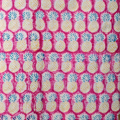 Sanganeri Hand Block Print Cotton Fabric – Pink And Yellow with Pineapple Motifs