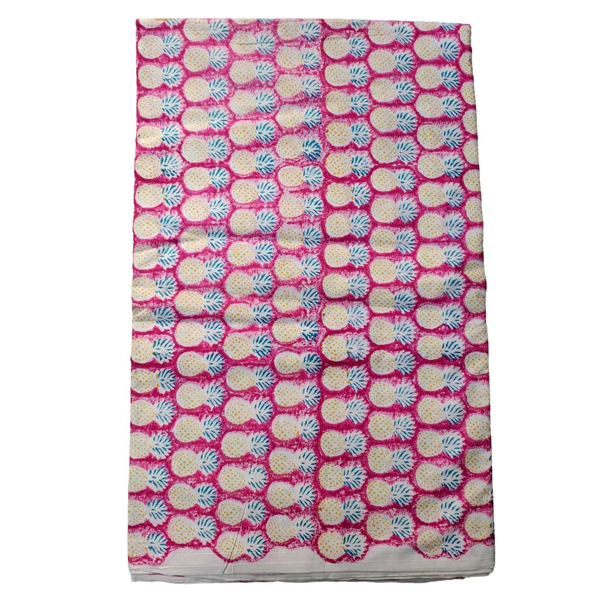 Sanganeri Hand Block Print Cotton Fabric – Pink And Yellow with Pineapple Motifs