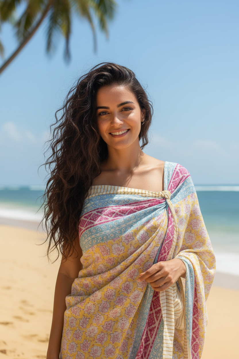 Woman in a colorful sari standing on a beach with palm trees and blue sky.