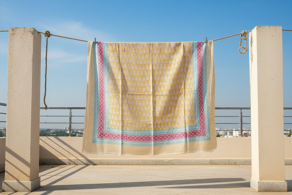 Yellow patterned fabric with pink and blue border on a white background