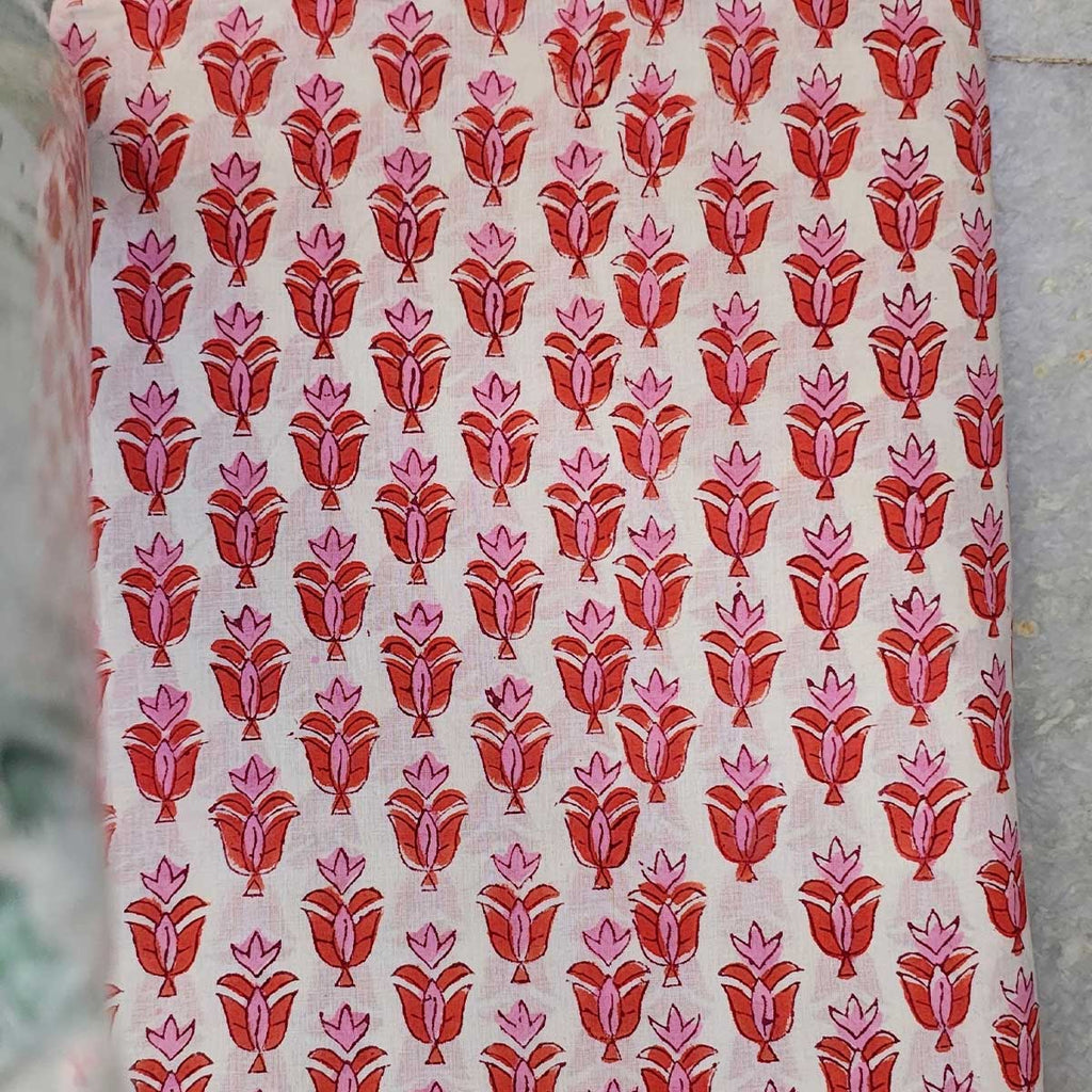 Handmade Bagru Print Textile – White And orange Floral Print Cotton Material