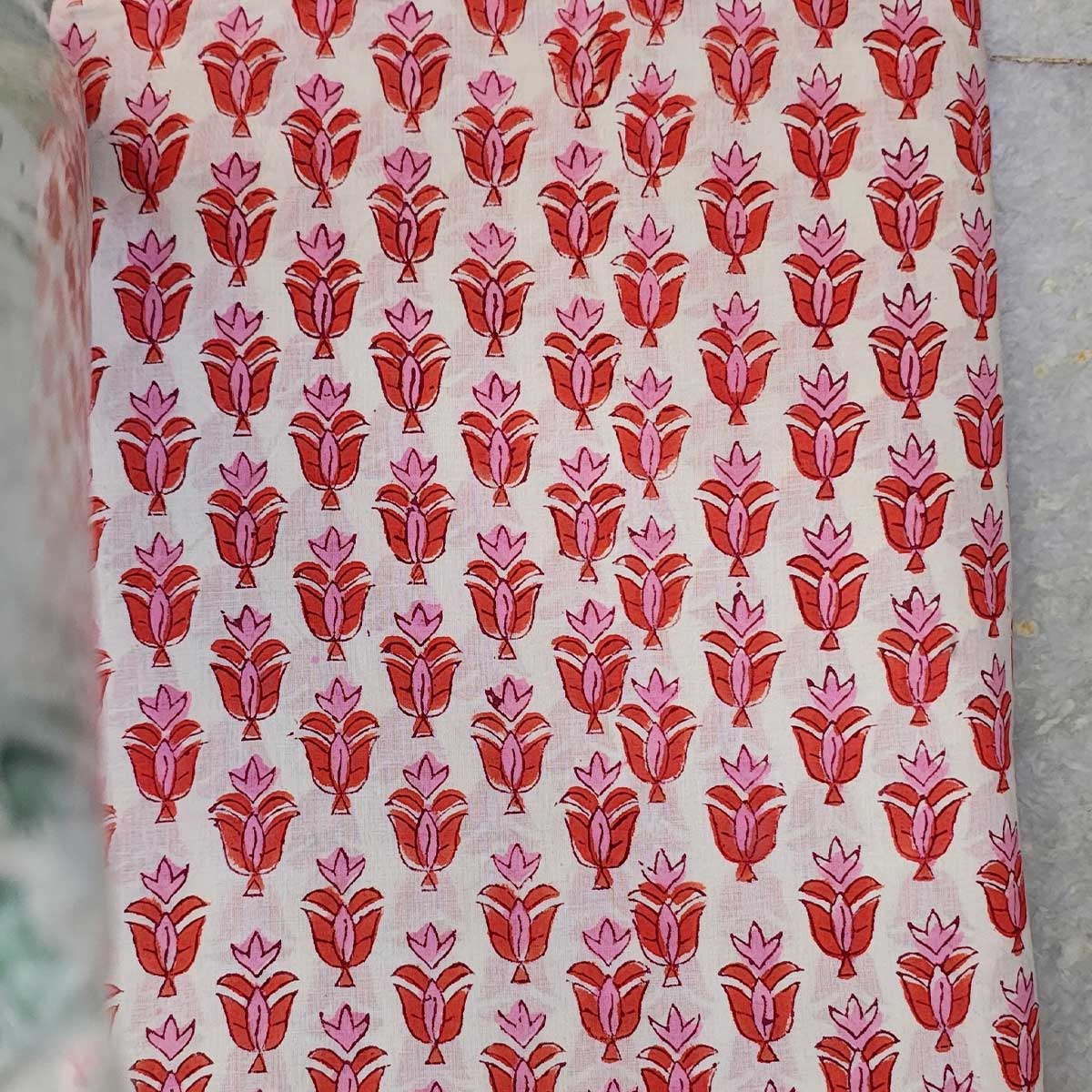 Handmade Bagru Print Textile – White And orange Floral Print Cotton Material