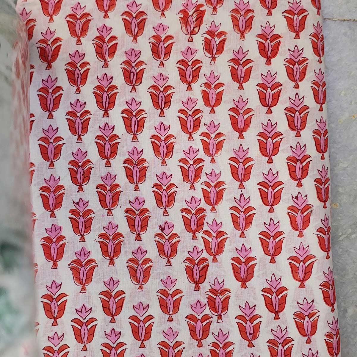 Handmade Bagru Print Textile – White And orange Floral Print Cotton Material