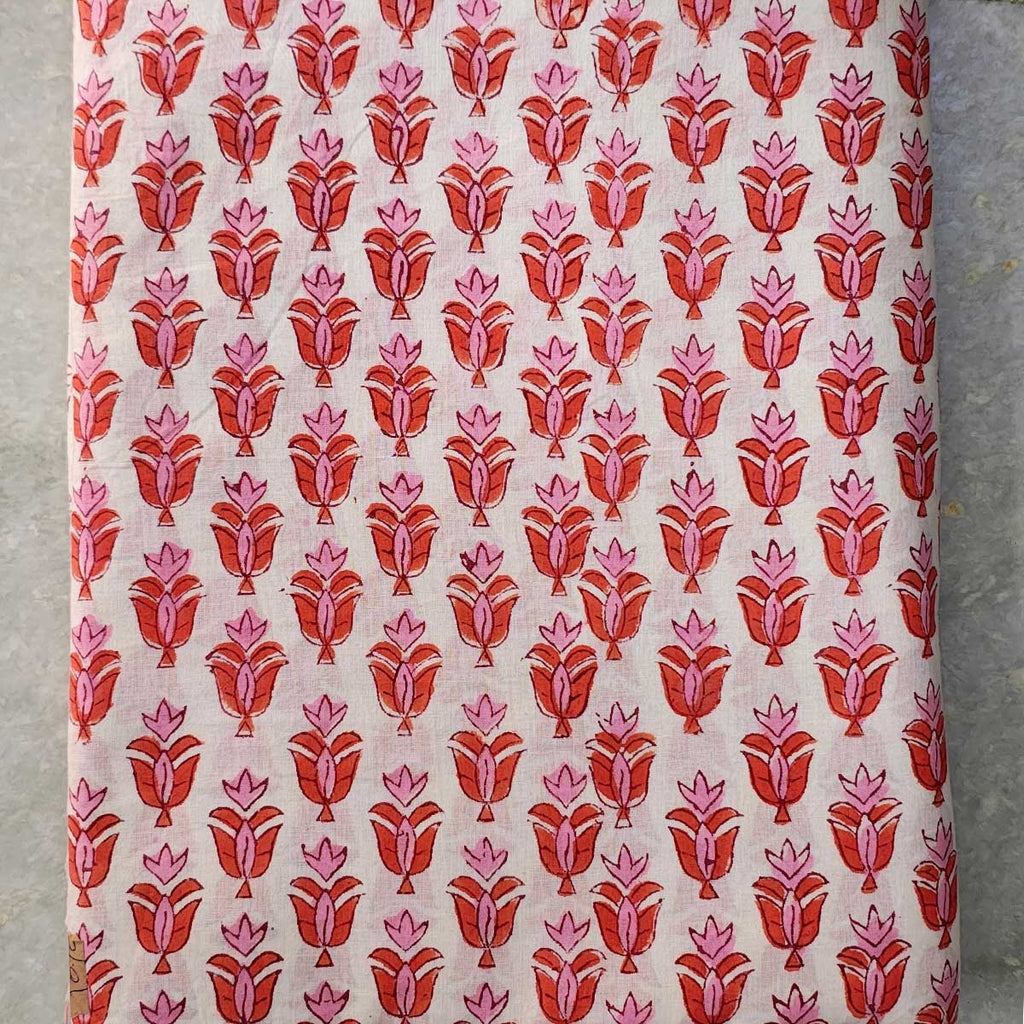 Handmade Bagru Print Textile – White And orange Floral Print Cotton Material