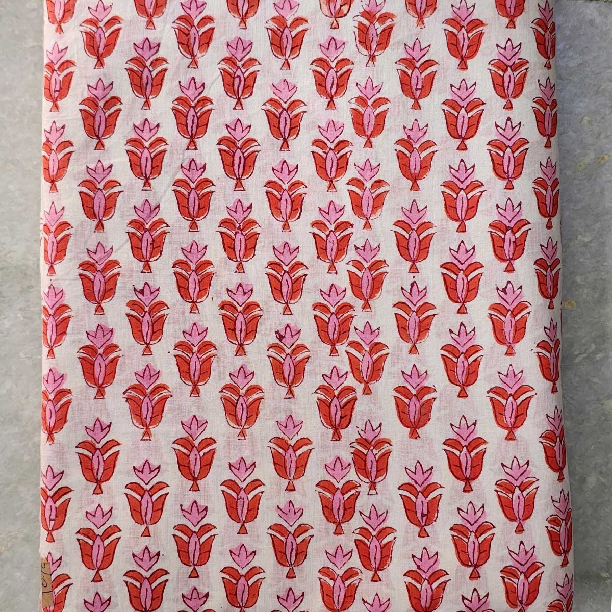 Handmade Bagru Print Textile – White And orange Floral Print Cotton Material