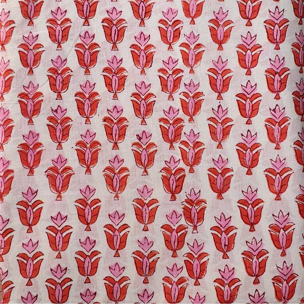 Sanganeri Hand Block Print Cotton Fabric – White And Orange Floral Print
