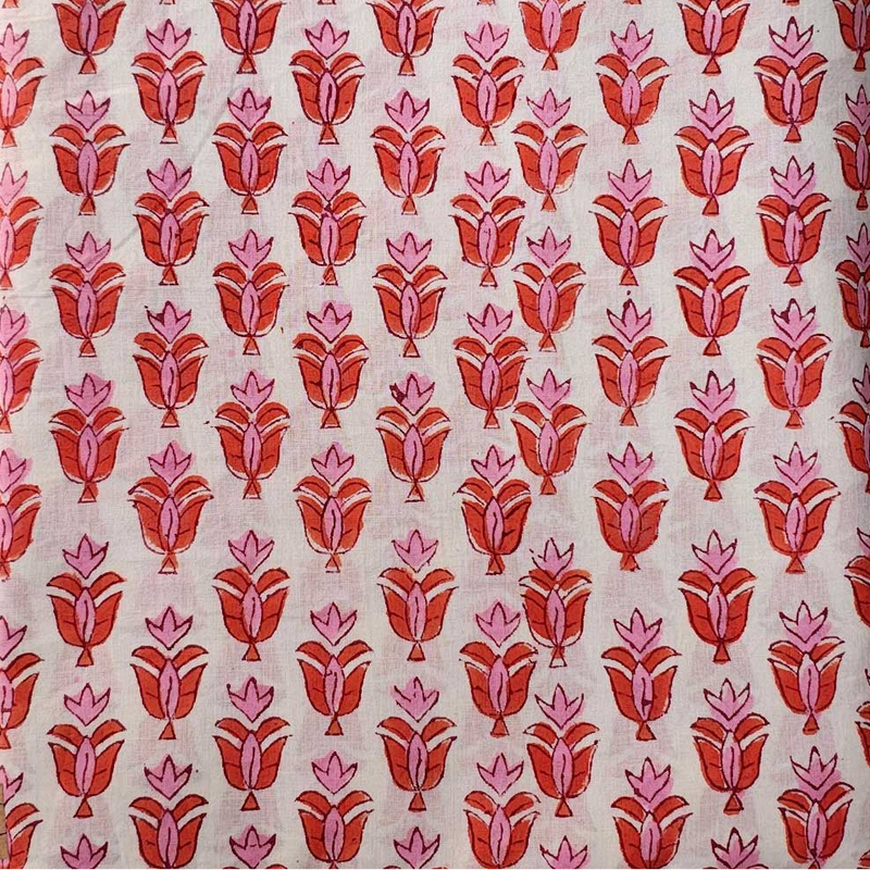 Sanganeri Hand Block Print Cotton Fabric – White And Orange Floral Print
