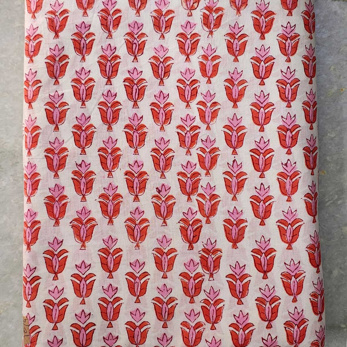 Handmade Bagru Print Textile – White And orange Floral Print Cotton Material