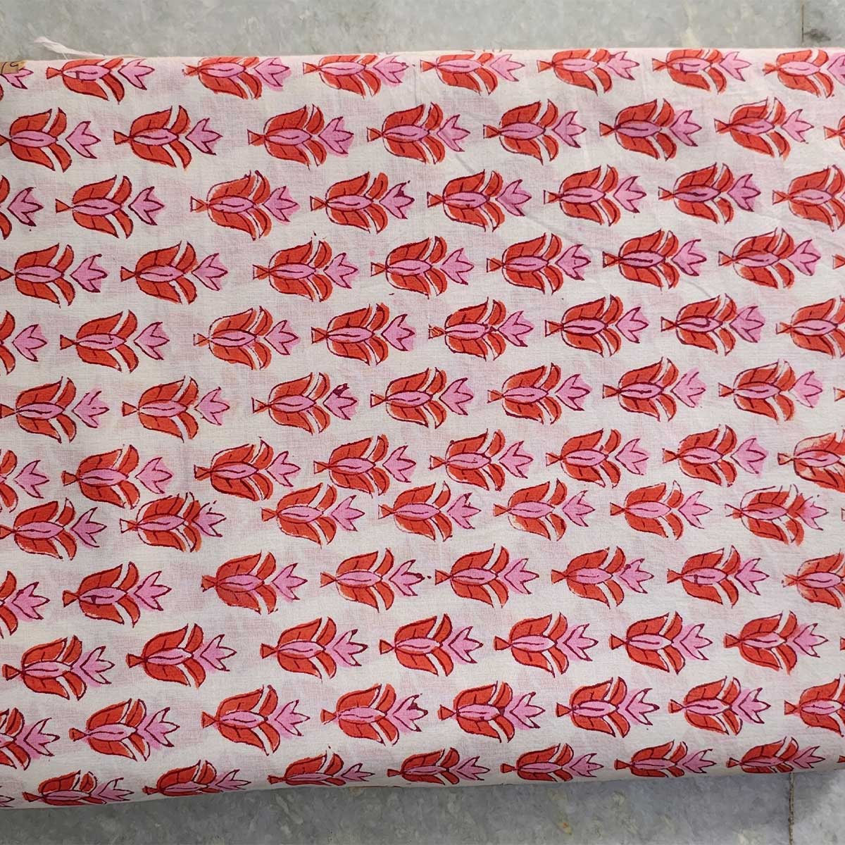 Handmade Bagru Print Textile – White And orange Floral Print Cotton Material