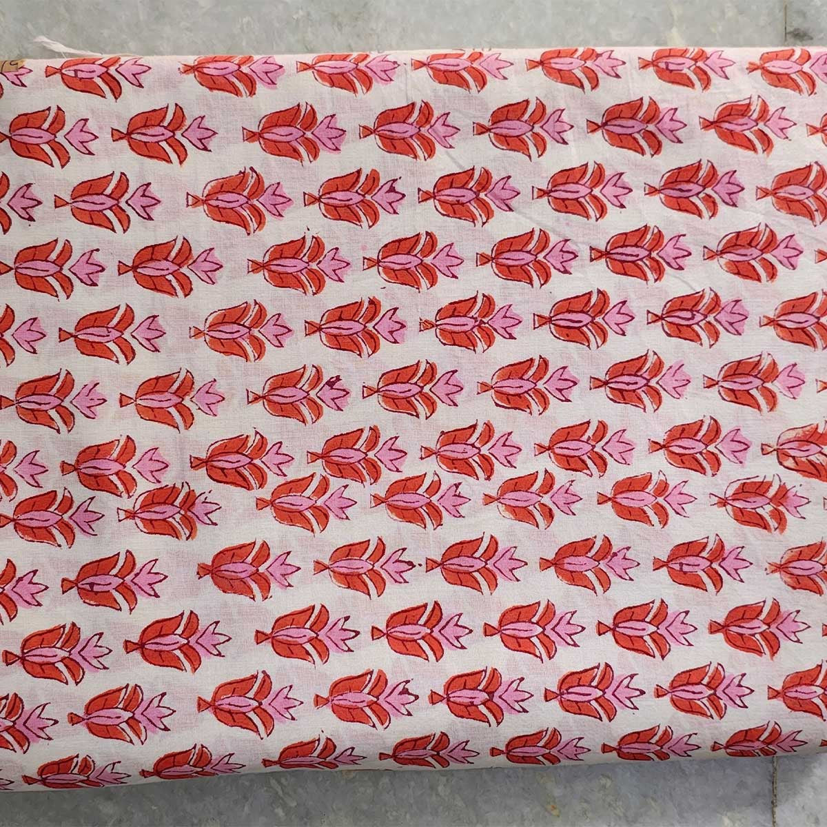Handmade Bagru Print Textile – White And orange Floral Print Cotton Material