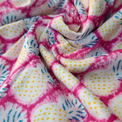 Sanganeri Hand Block Print Cotton Fabric – Pink And Yellow with Pineapple Motifs