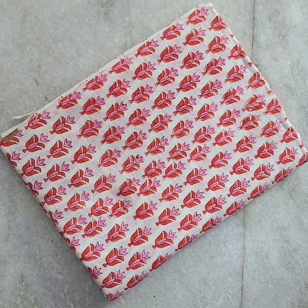 Handmade Bagru Print Textile – White And orange Floral Print Cotton Material