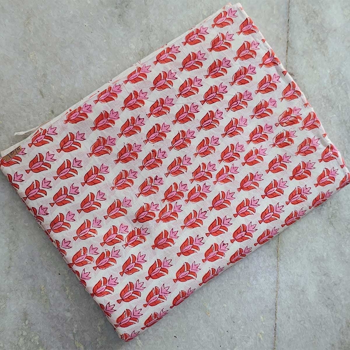 Handmade Bagru Print Textile – White And orange Floral Print Cotton Material