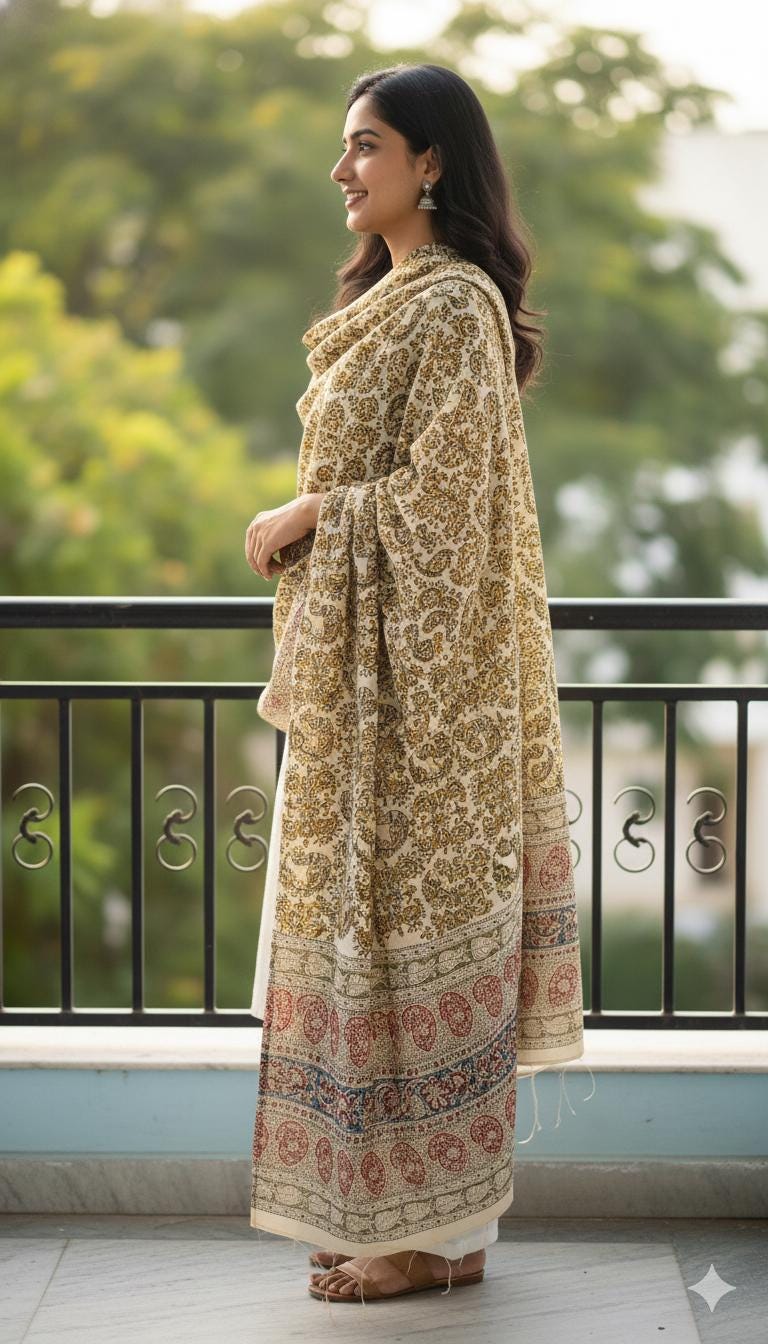 Woman wearing a patterned shawl on a balcony with greenery in the background
